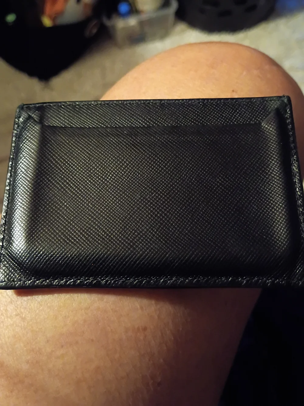 Prada Black Saffiano Leather Card Holder with Cream & Gray Stripe